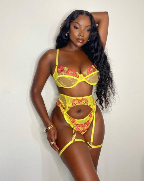 Lace Flower Embroidery Three-Piece Lingerie Set – Yellow