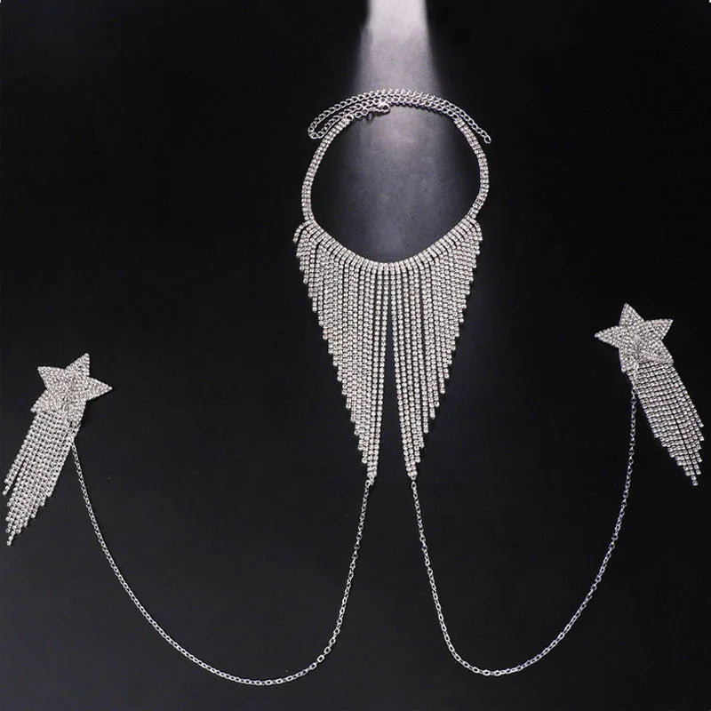 Rhinestone Star Tassel Breast Patch Chain