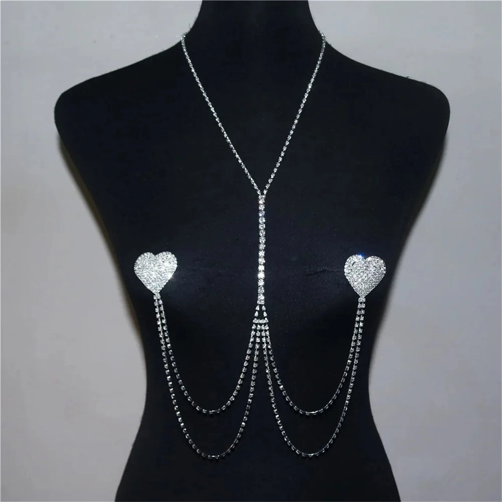Rhinestone Heart Nipple Chain Bra