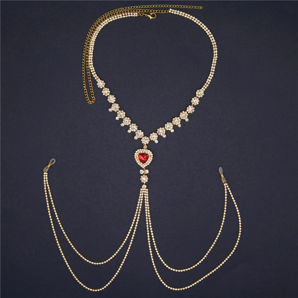 Red Heart Rhinestone Tassel Nipple Chain