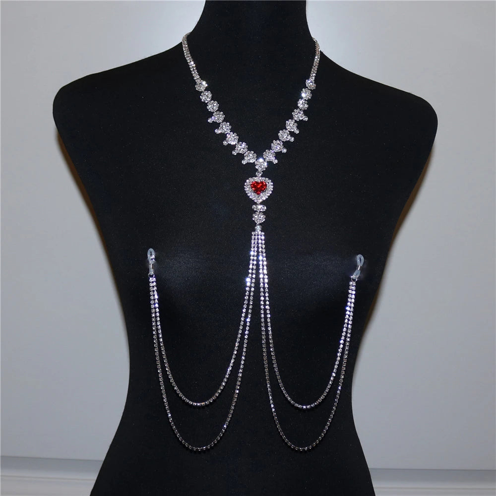 Red Heart Rhinestone Tassel Nipple Chain