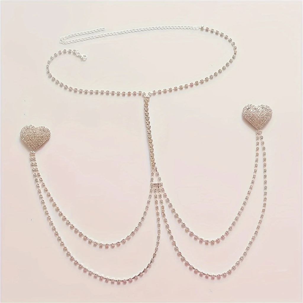 Rhinestone Heart Nipple Chain Bra