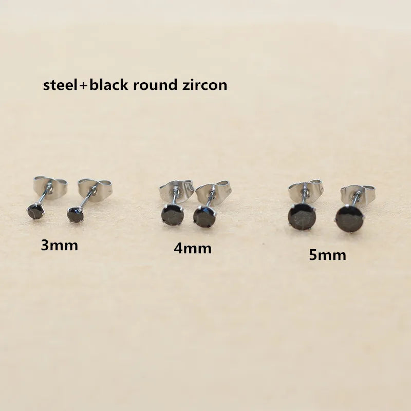 Black Zircon Stud Earrings — Round & Square