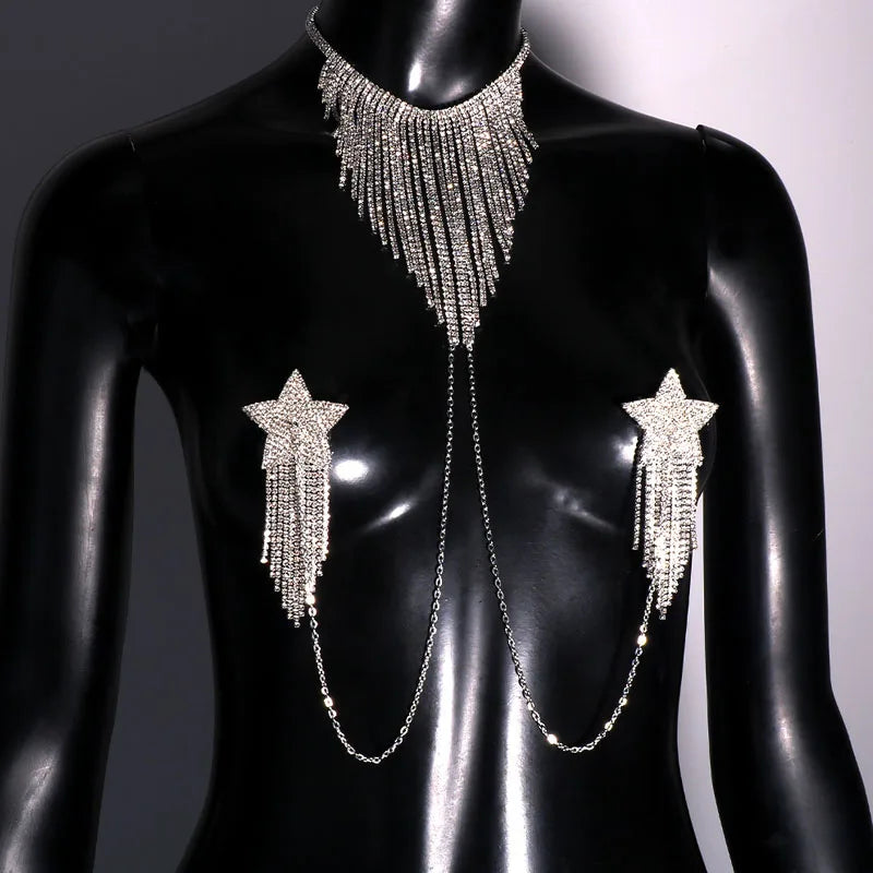 Rhinestone Star Tassel Breast Patch Chain