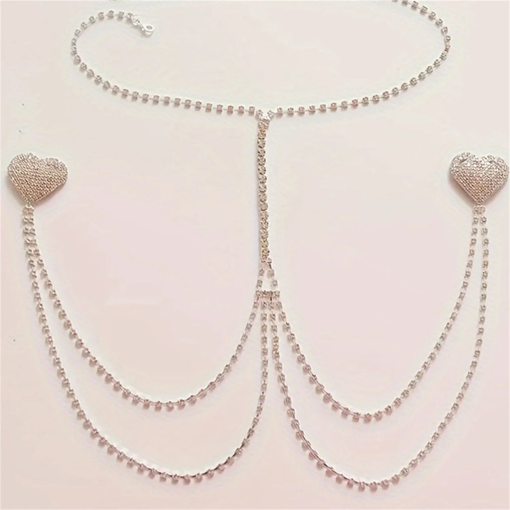 Rhinestone Heart Nipple Chain Bra