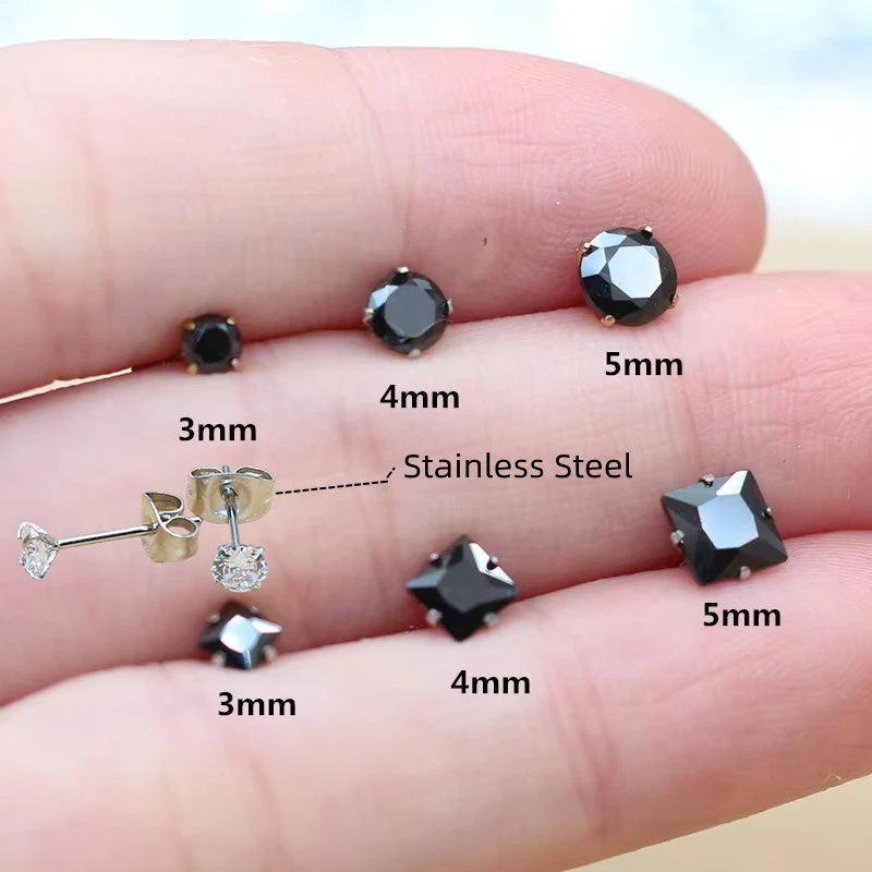 Black Zircon Stud Earrings — Round & Square