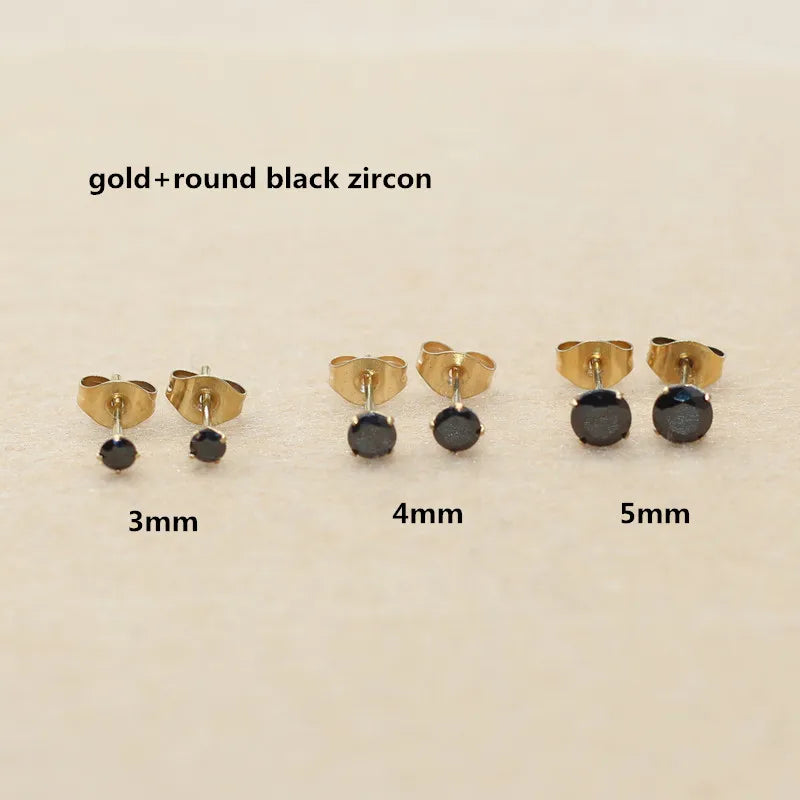 Black Zircon Stud Earrings — Round & Square