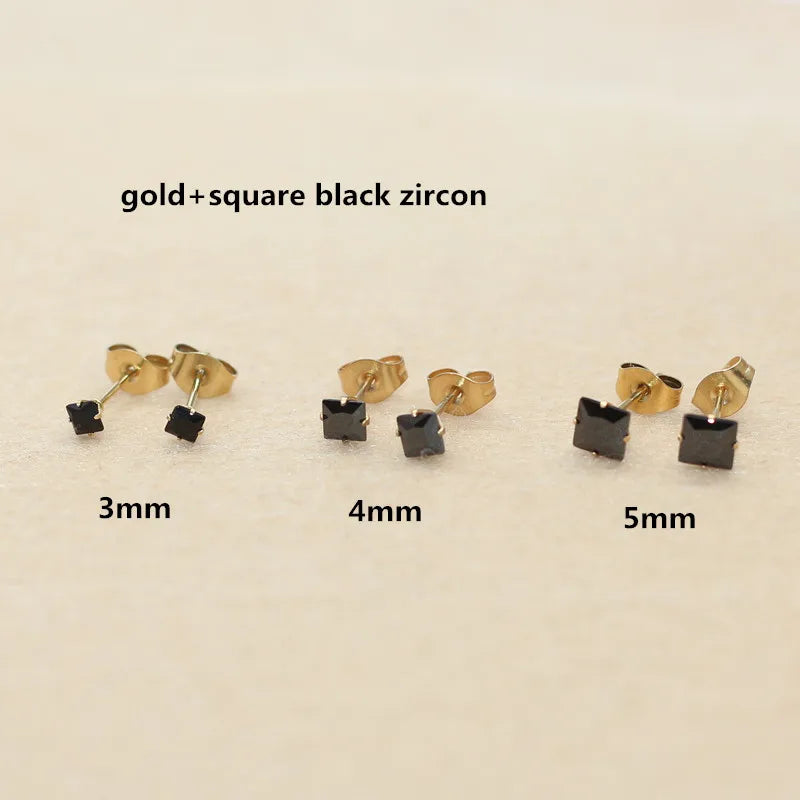 Black Zircon Stud Earrings — Round & Square