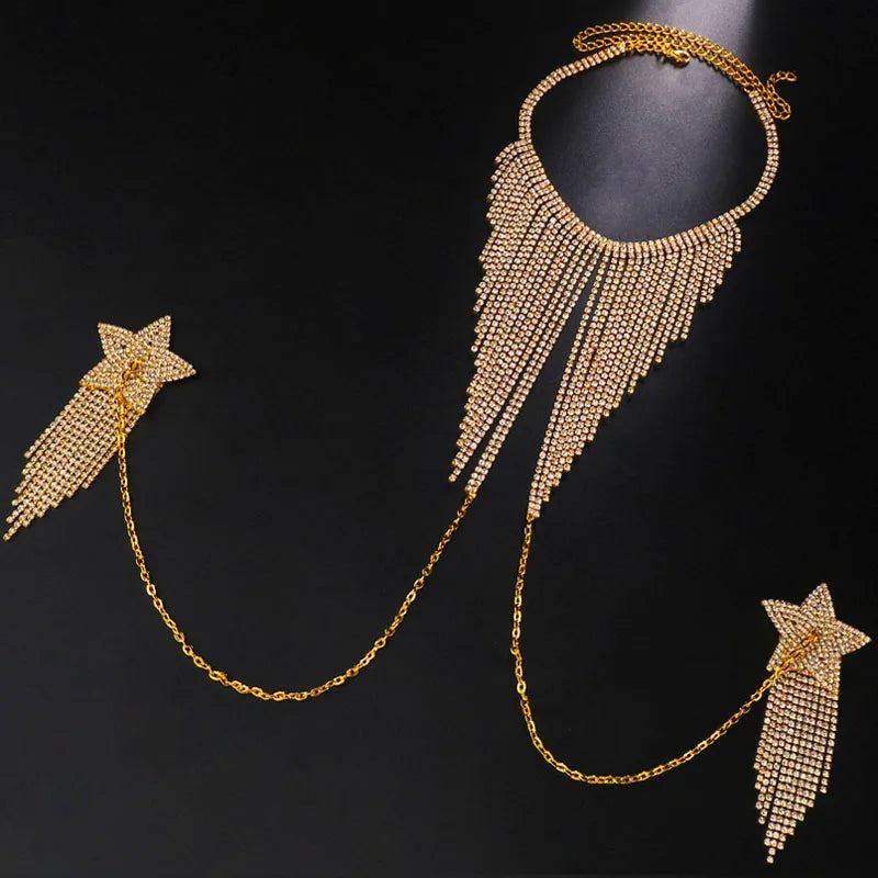 Rhinestone Star Tassel Breast Patch Chain