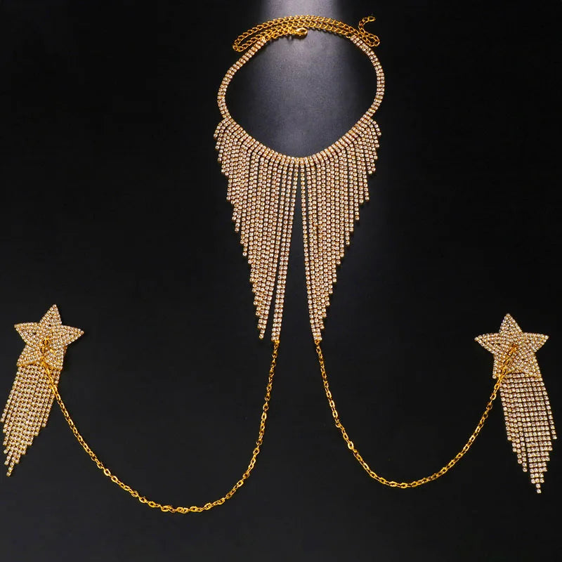 Rhinestone Star Tassel Breast Patch Chain