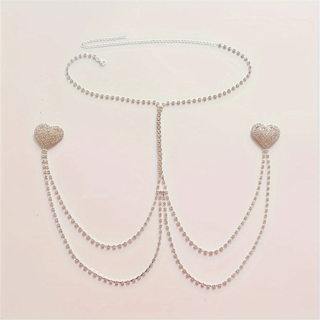 Rhinestone Heart Nipple Chain Bra