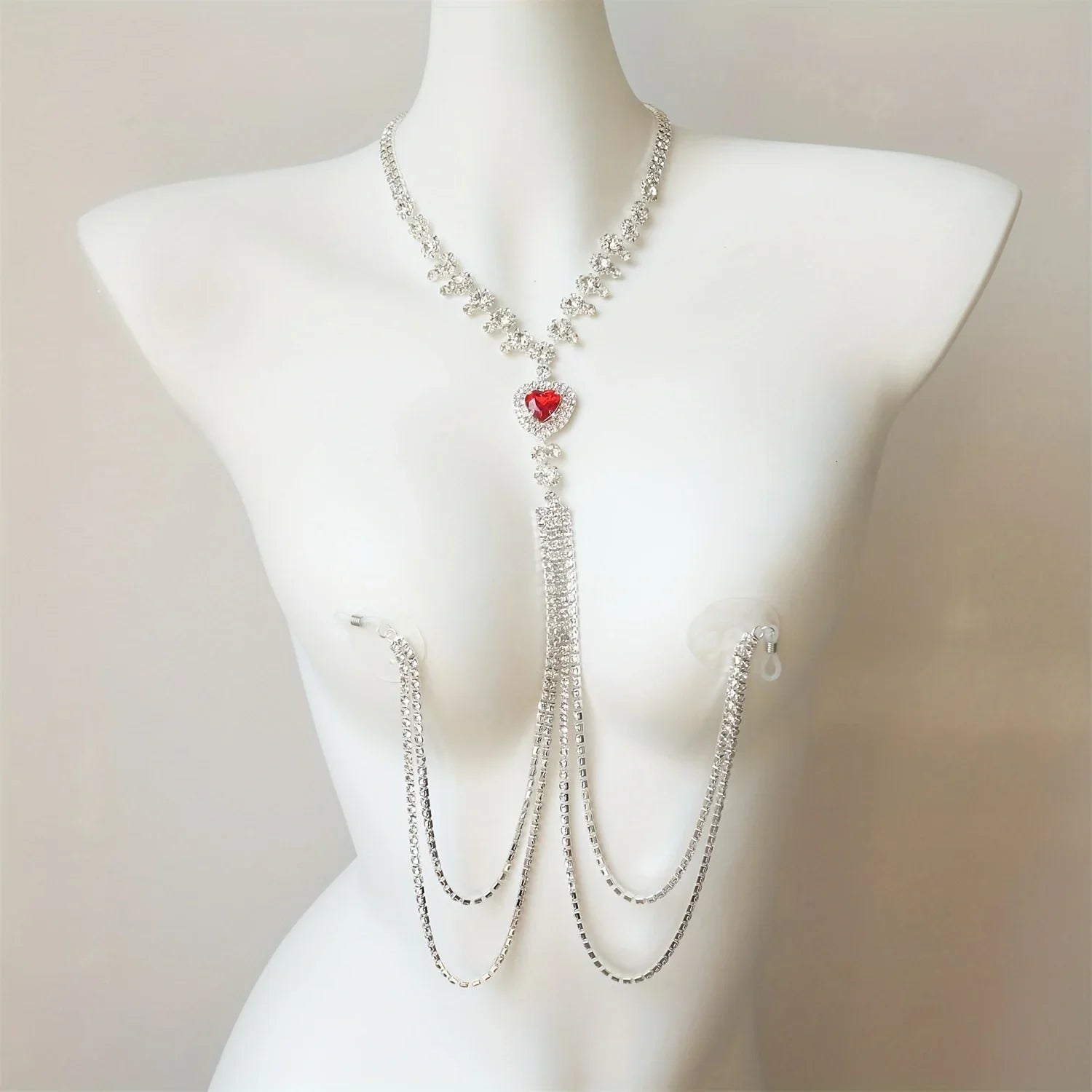 Red Heart Rhinestone Tassel Nipple Chain