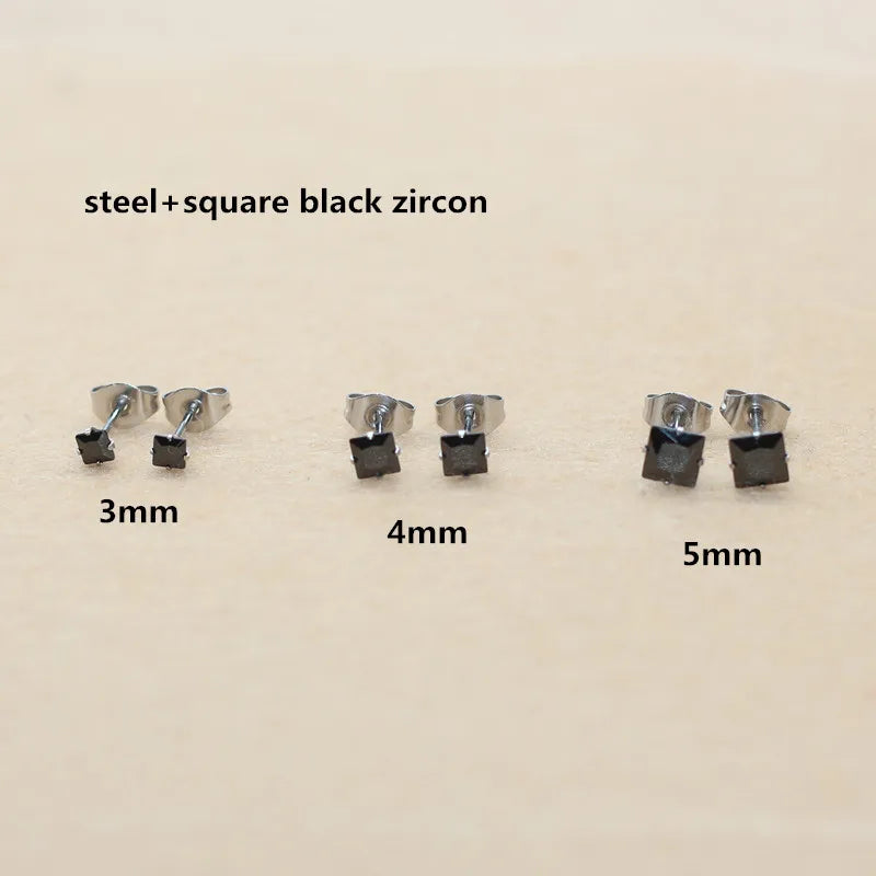 Black Zircon Stud Earrings — Round & Square