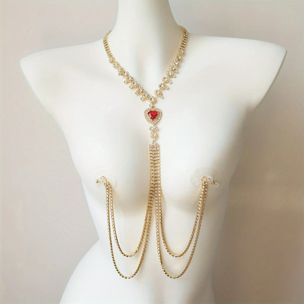 Red Heart Rhinestone Tassel Nipple Chain