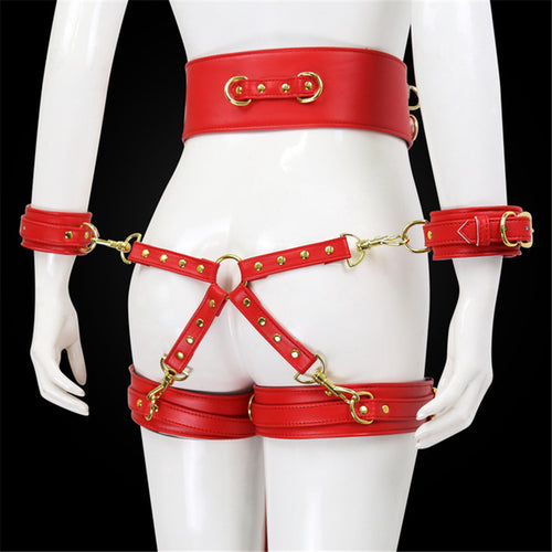 Leather Handcuffs Leg Cuffs With Waist Restraint Belt Toys